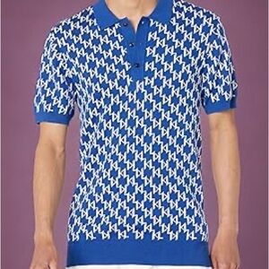 Karl Lagerfeld Blue and White Patterned Knit Polo sz L
